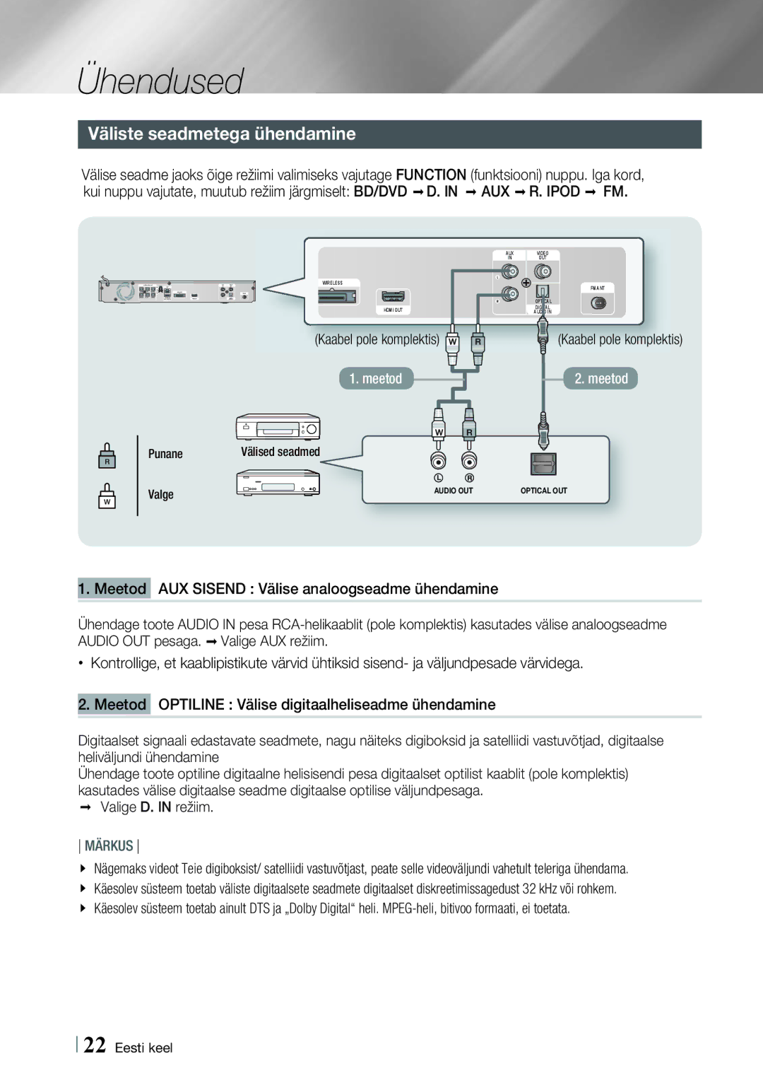 Samsung HT-E4500/EN, HT-E4550/EN manual Väliste seadmetega ühendamine, Punane Välised seadmed Valge 