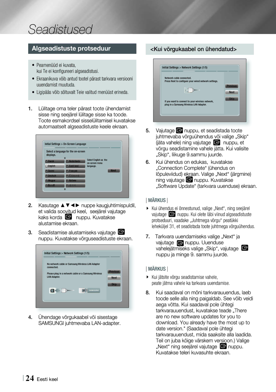 Samsung HT-E4500/EN, HT-E4550/EN manual Seadistused, Algseadistuste protseduur, Kui võrgukaabel on ühendatud 