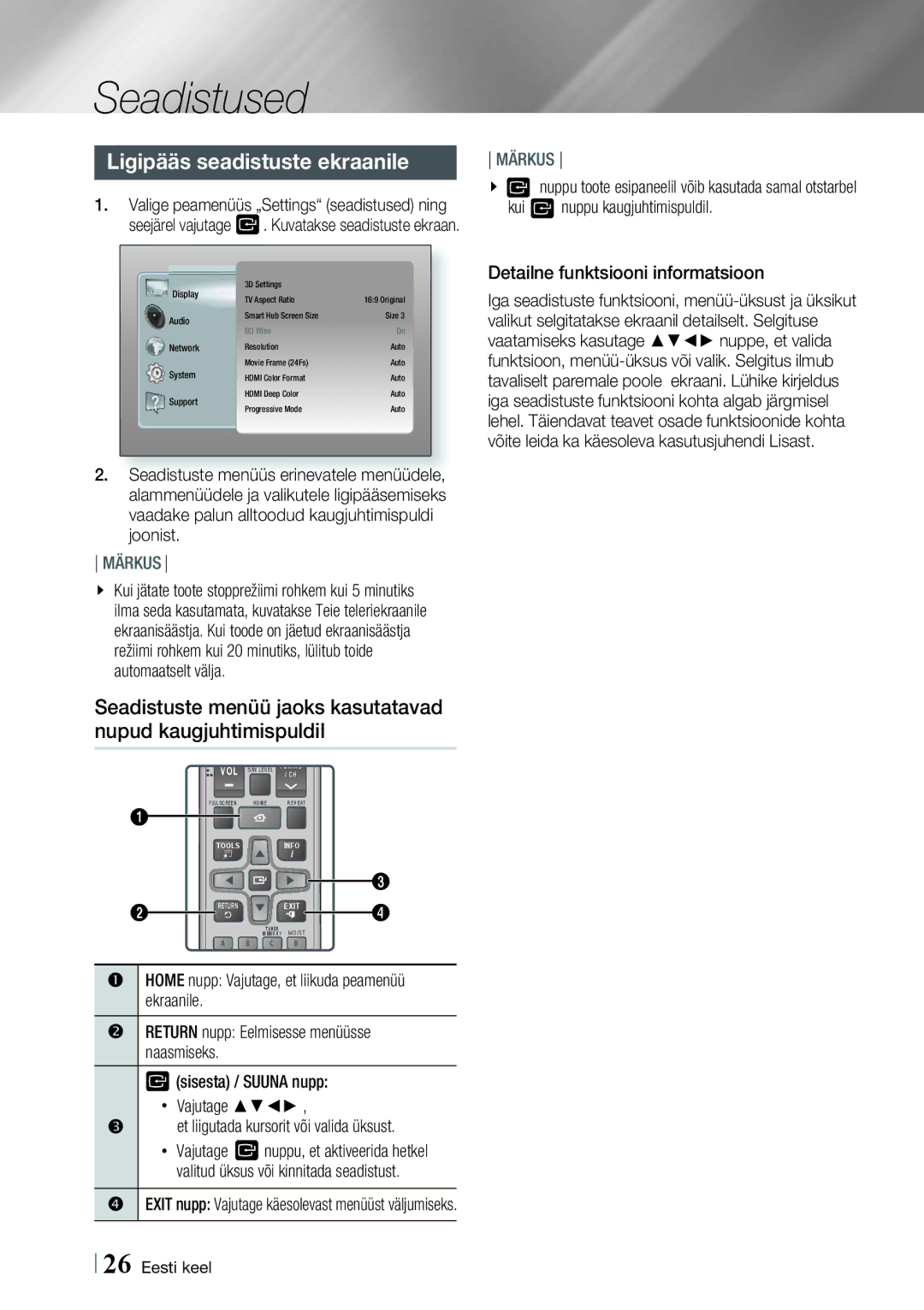 Samsung HT-E4500/EN manual Ligipääs seadistuste ekraanile, Kui nuppu kaugjuhtimispuldil, Detailne funktsiooni informatsioon 