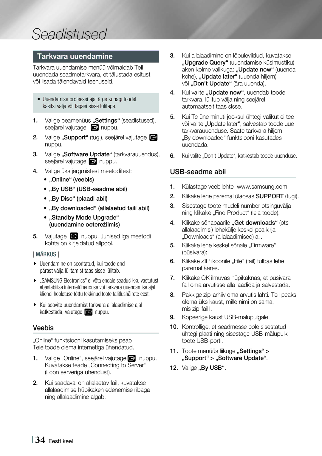 Samsung HT-E4500/EN, HT-E4550/EN manual Tarkvara uuendamine, Veebis, USB-seadme abil 