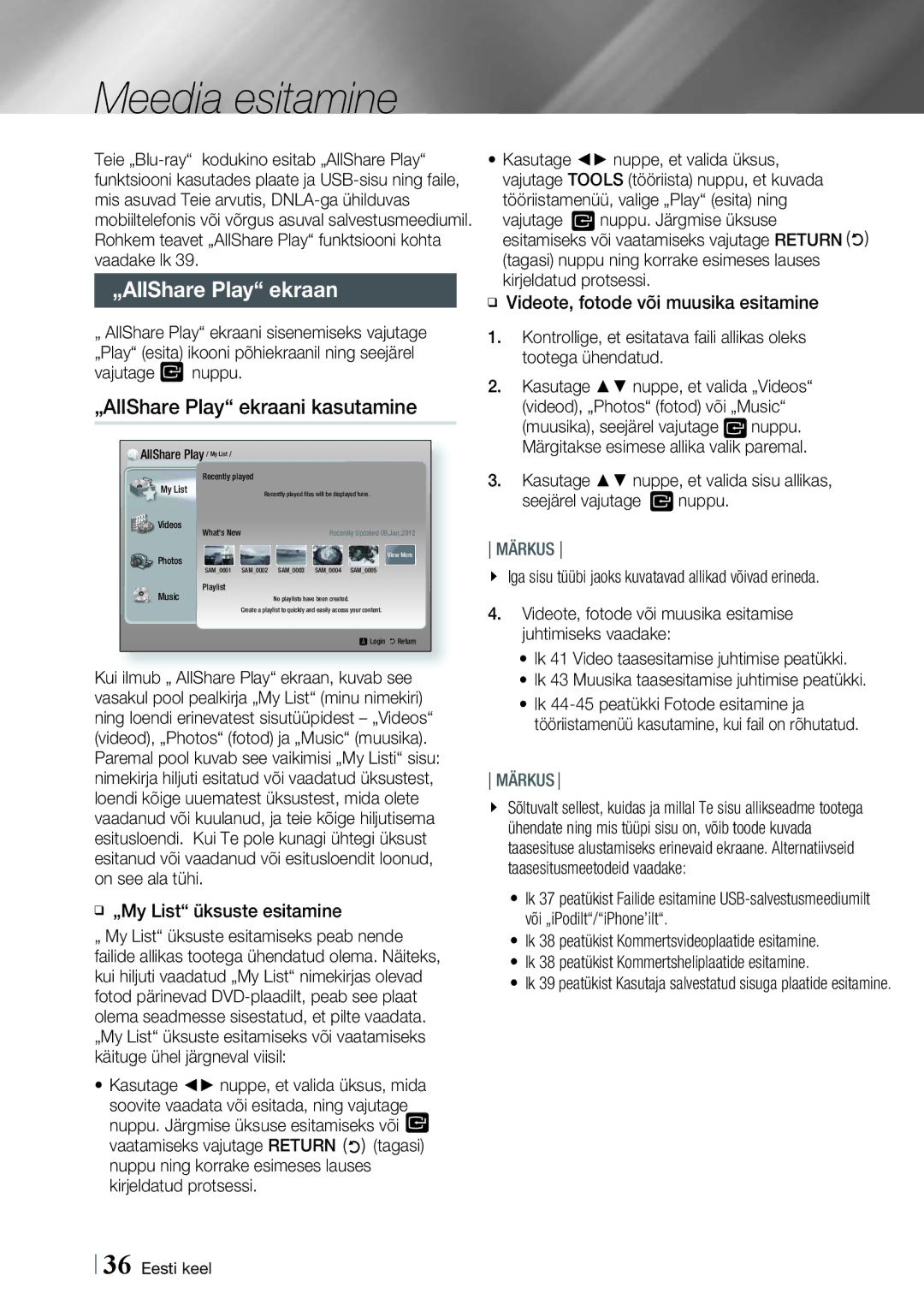 Samsung HT-E4500/EN, HT-E4550/EN manual Meedia esitamine, „AllShare Play ekraani kasutamine, „My List üksuste esitamine 