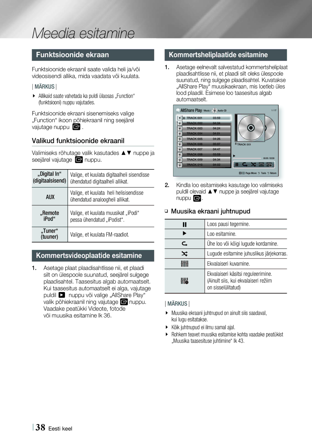 Samsung HT-E4500/EN, HT-E4550/EN manual Funktsioonide ekraan, Kommertsheliplaatide esitamine, Valikud funktsioonide ekraanil 