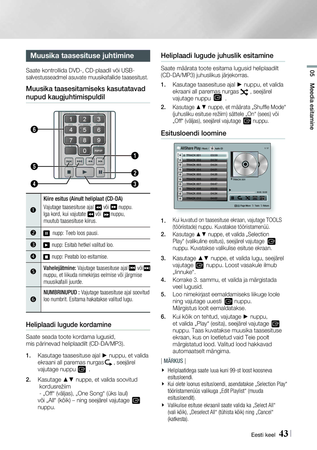 Samsung HT-E4550/EN, HT-E4500/EN Muusika taasesituse juhtimine, Heliplaadi lugude juhuslik esitamine, Esitusloendi loomine 