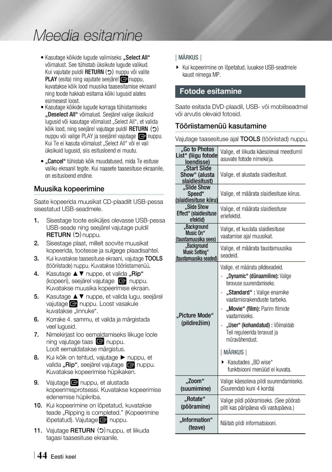 Samsung HT-E4500/EN, HT-E4550/EN manual Muusika kopeerimine, Fotode esitamine, Tööriistamenüü kasutamine 