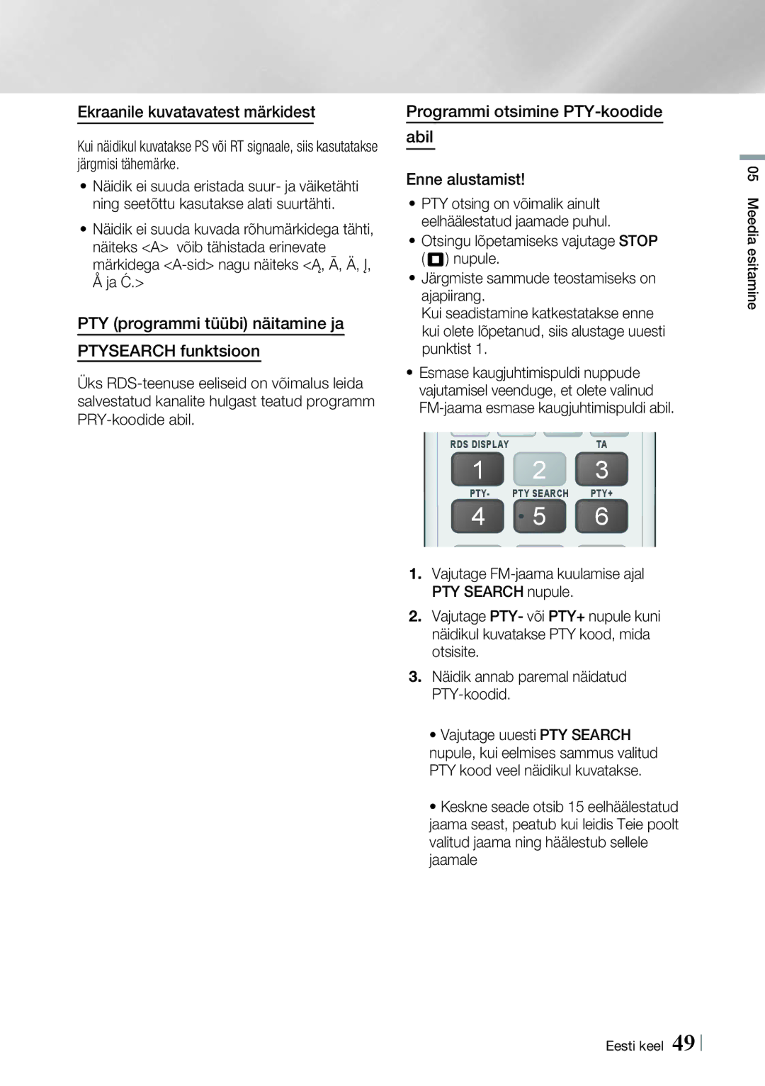 Samsung HT-E4550/EN, HT-E4500/EN Ekraanile kuvatavatest märkidest, PTY programmi tüübi näitamine ja Ptysearch funktsioon 