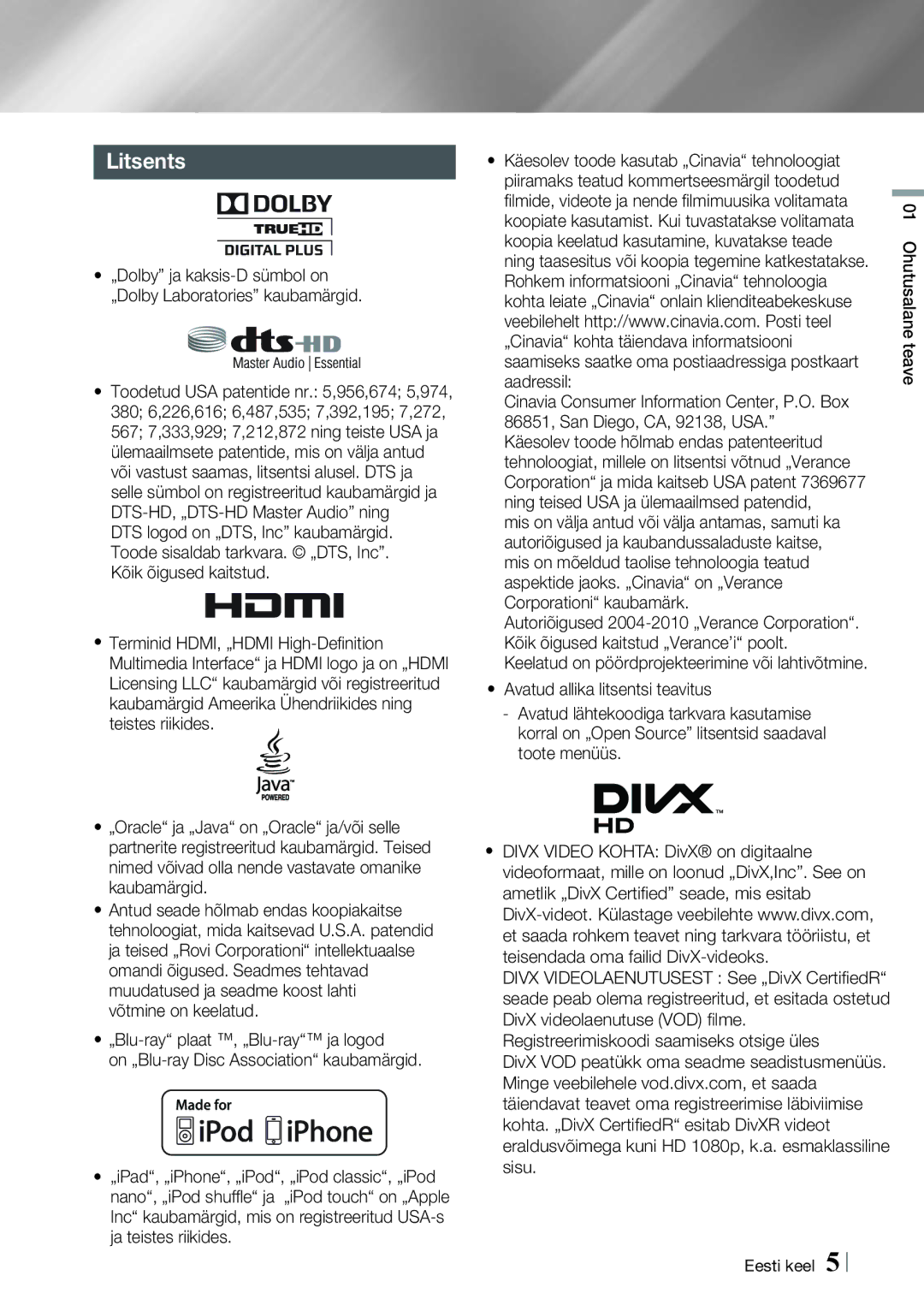 Samsung HT-E4550/EN, HT-E4500/EN manual Litsents 