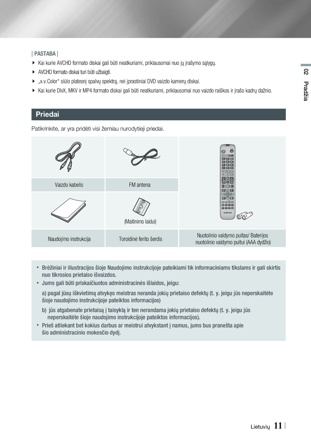 Samsung HT-E4550/EN, HT-E4500/EN manual Priedai, Patikrinkite, ar yra pridėti visi žemiau nurodytieji priedai 