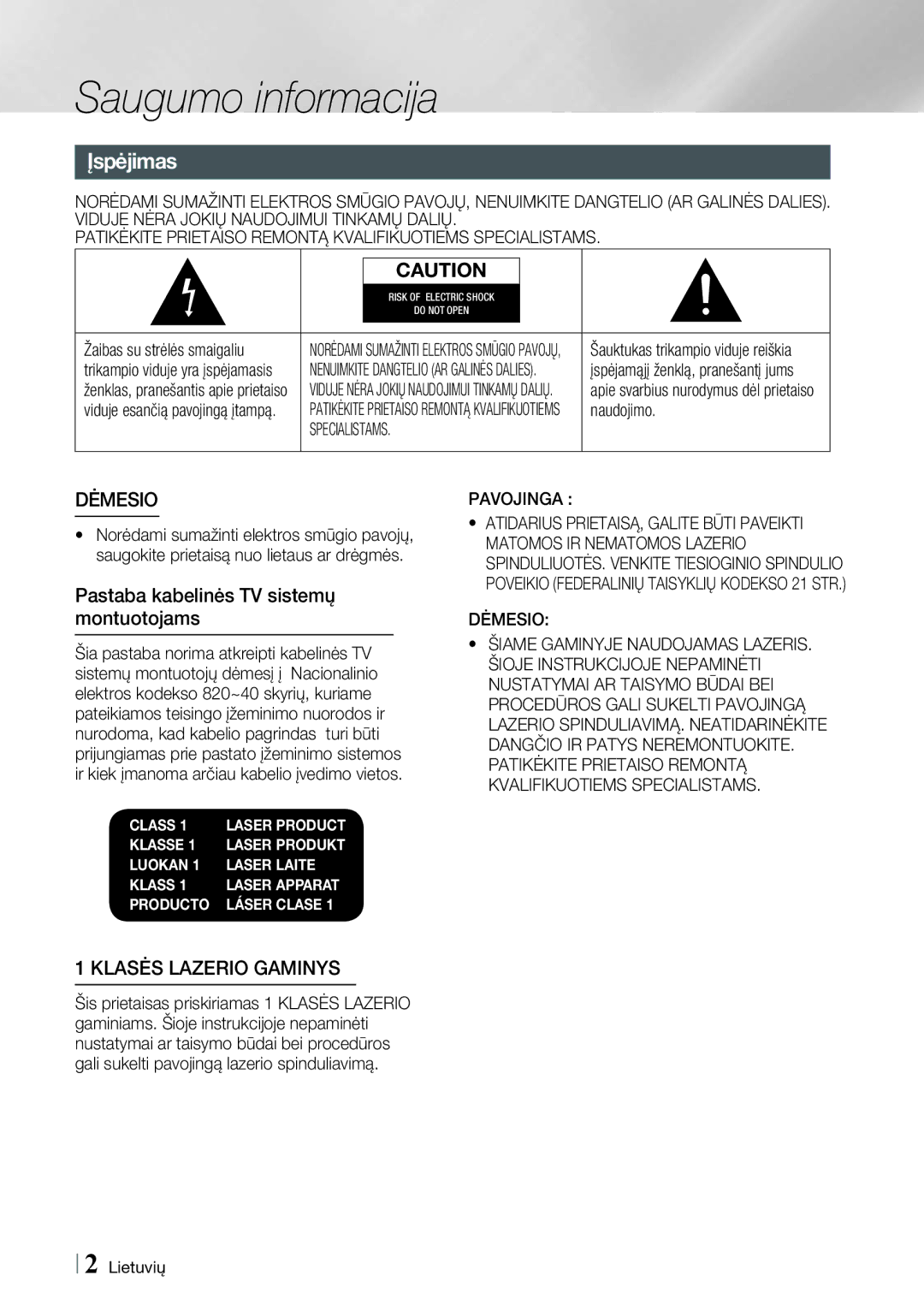 Samsung HT-E4500/EN, HT-E4550/EN manual Saugumo informacija, Įspėjimas, Pastaba kabelinės TV sistemų montuotojams 