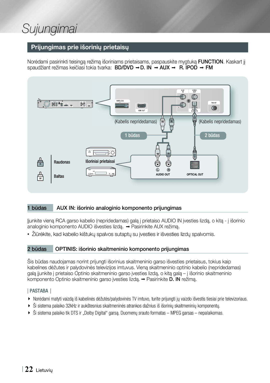 Samsung HT-E4500/EN Prijungimas prie išorinių prietaisų, Būdas AUX in išorinio analoginio komponento prijungimas, Raudonas 