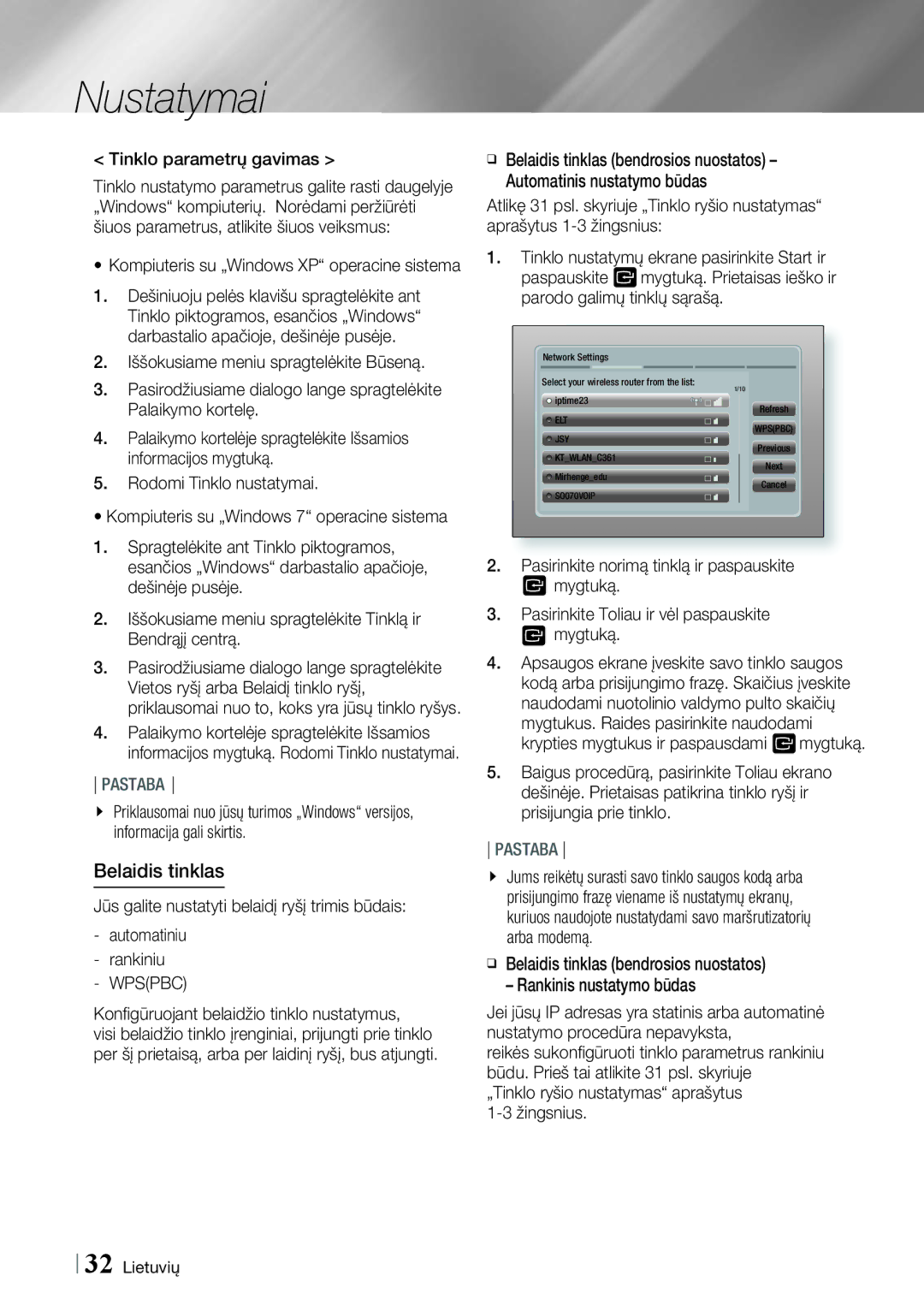 Samsung HT-E4500/EN manual Belaidis tinklas, Tinklo parametrų gavimas, Wpspbc, Konﬁgūruojant belaidžio tinklo nustatymus 