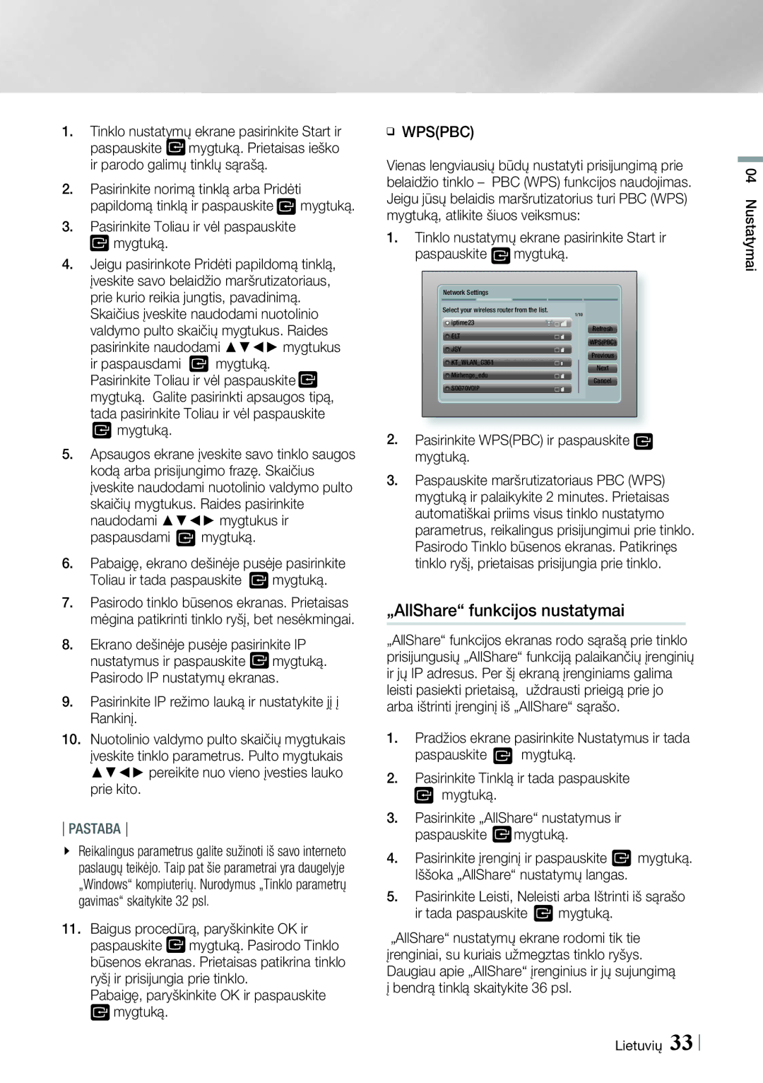 Samsung HT-E4550/EN, HT-E4500/EN manual „AllShare funkcijos nustatymai, Pasirinkite Toliau ir vėl paspauskite mygtuką 