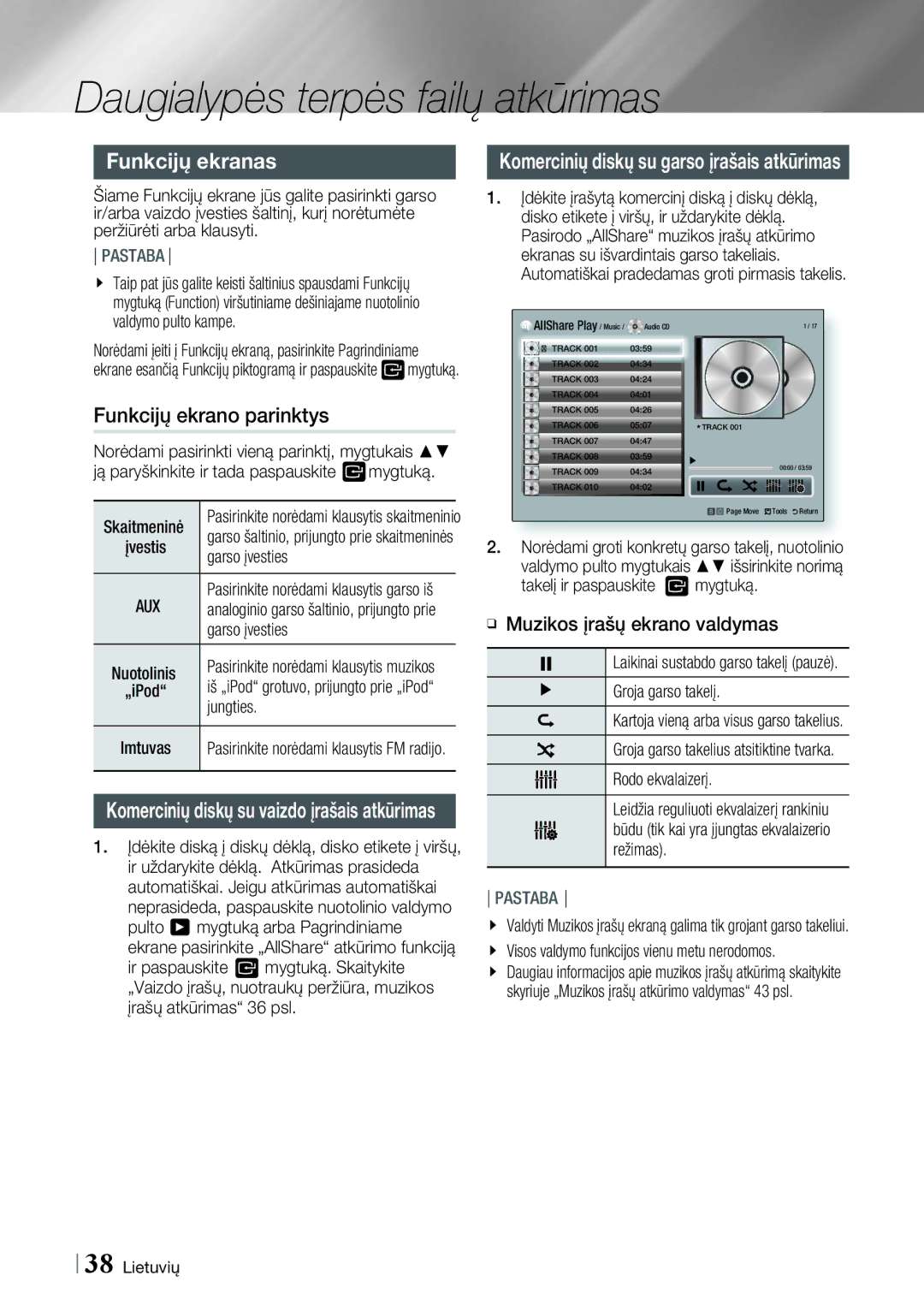 Samsung HT-E4500/EN, HT-E4550/EN manual Funkcijų ekranas, Funkcijų ekrano parinktys, Muzikos įrašų ekrano valdymas, Aux 