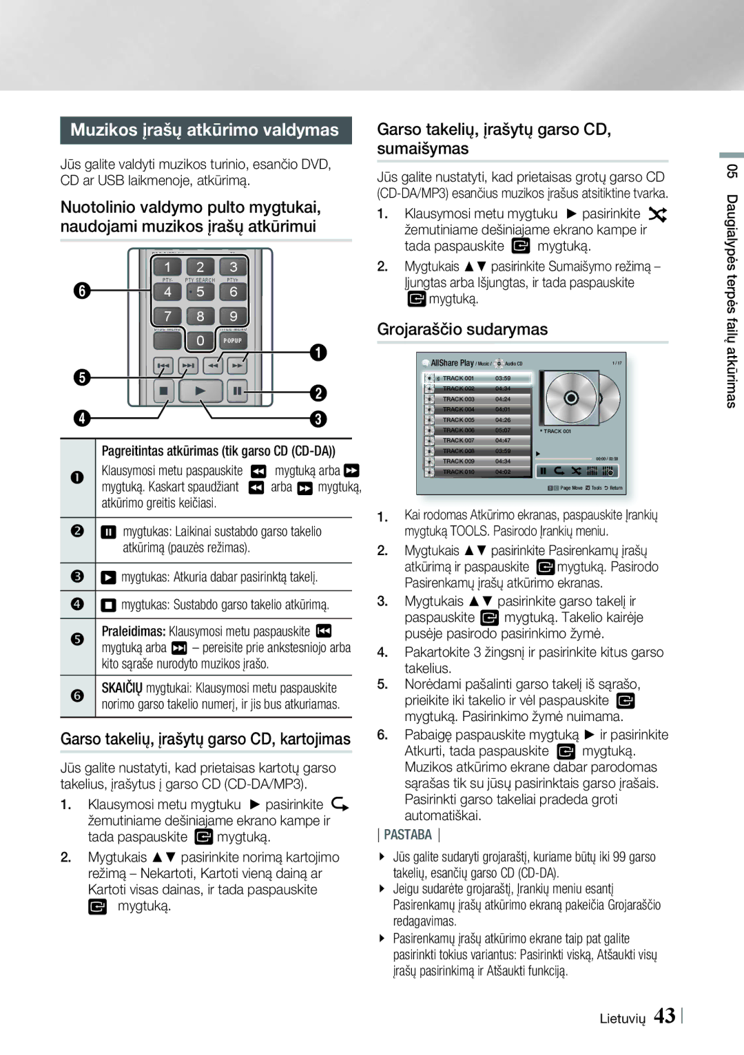 Samsung HT-E4550/EN Muzikos įrašų atkūrimo valdymas, Garso takelių, įrašytų garso CD, sumaišymas, Grojaraščio sudarymas 