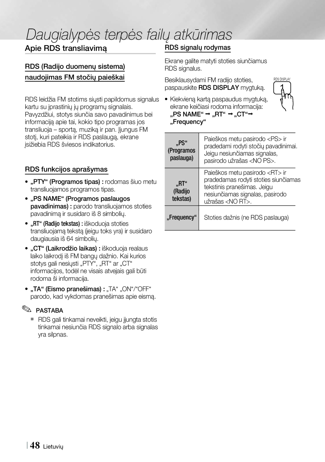 Samsung HT-E4500/EN RDS Radijo duomenų sistema Naudojimas FM stočių paieškai, RDS signalų rodymas, RDS funkcijos aprašymas 