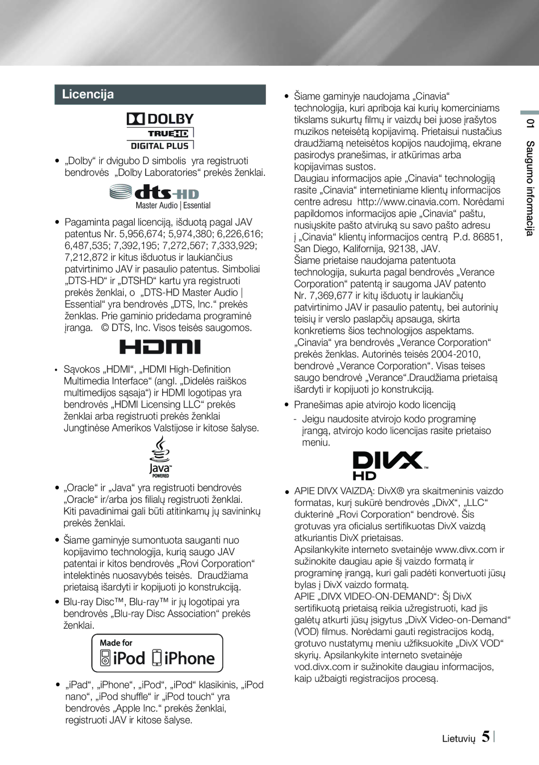 Samsung HT-E4550/EN, HT-E4500/EN manual Licencija 