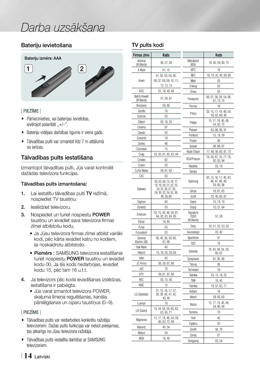 Samsung HT-E4500/EN, HT-E4550/EN manual Bateriju ievietošana, Tālvadības pults iestatīšana, TV pults kodi 