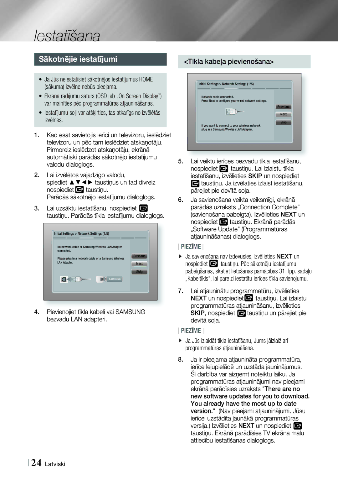 Samsung HT-E4500/EN, HT-E4550/EN manual Iestatīšana, Sākotnējie iestatījumi, Tīkla kabeļa pievienošana, Next Skip 