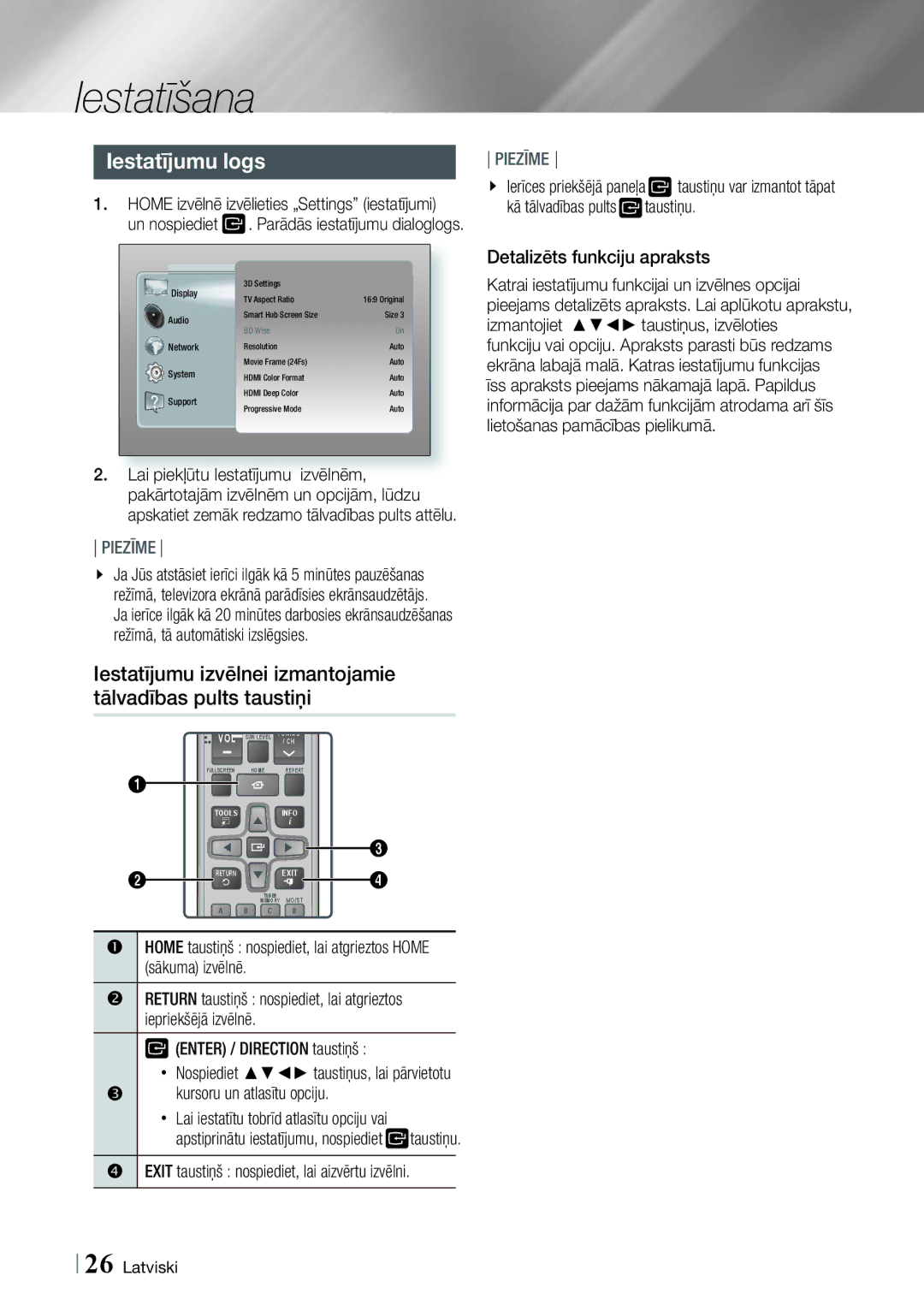 Samsung HT-E4500/EN, HT-E4550/EN manual Iestatījumu logs, Iestatījumu izvēlnei izmantojamie tālvadības pults taustiņi 