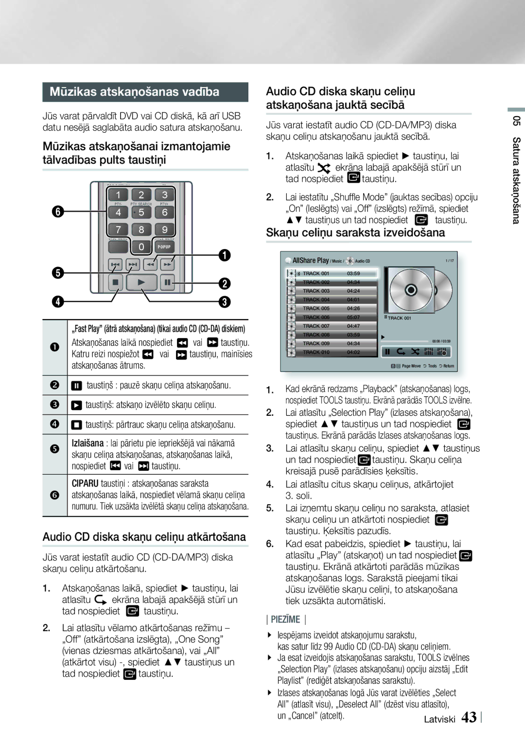 Samsung HT-E4550/EN, HT-E4500/EN manual Mūzikas atskaņošanas vadība, Skaņu celiņu saraksta izveidošana 