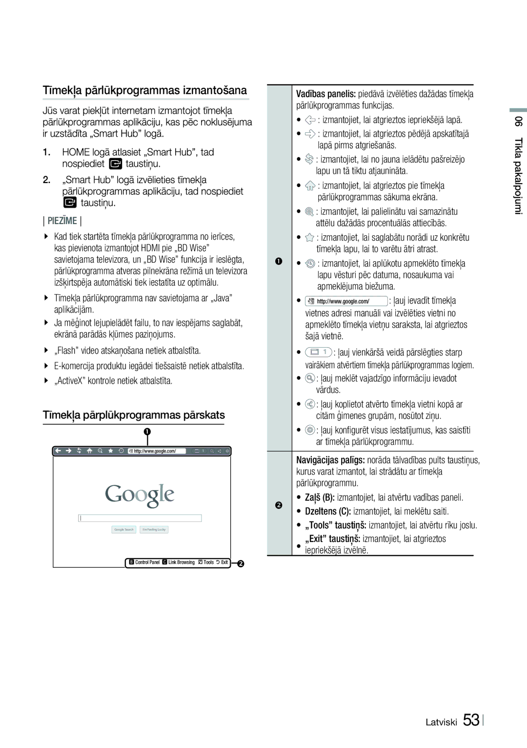 Samsung HT-E4550/EN, HT-E4500/EN manual Tīmekļa pārlūkprogrammas izmantošana 