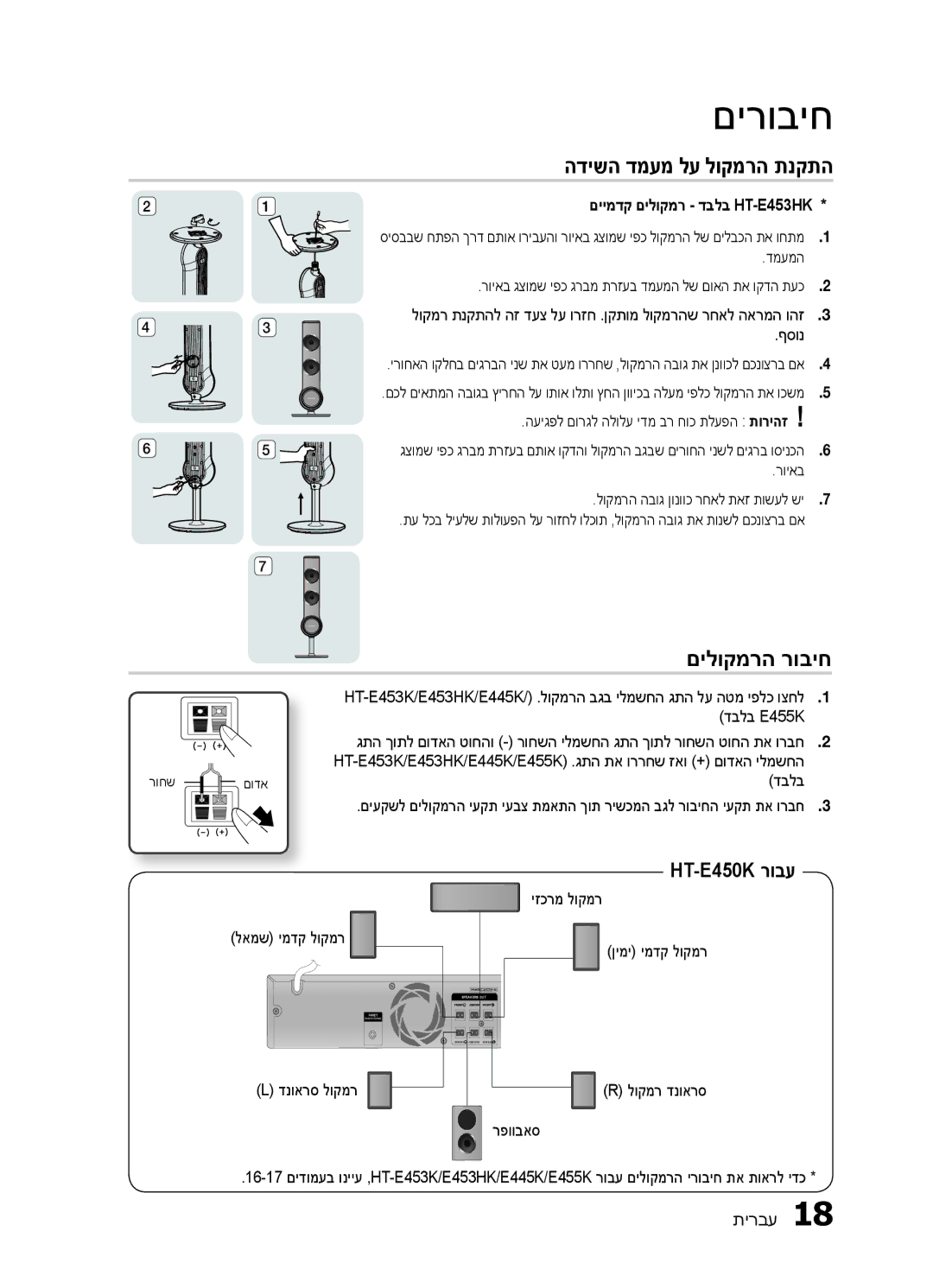 Samsung HT-E450K/SQ, HT-E453HK/SQ manual הדישה דמעמ לע לוקמרה תנקתה, םילוקמרה רוביח, HT-E450K רובע 