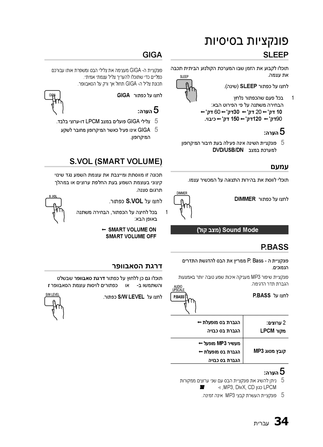 Samsung HT-E450K/SQ, HT-E453HK/SQ manual Vol \猀洀愀爀 volume, םעמע, רפוובאסה תגרד, לוק בצמ Sound Mode 