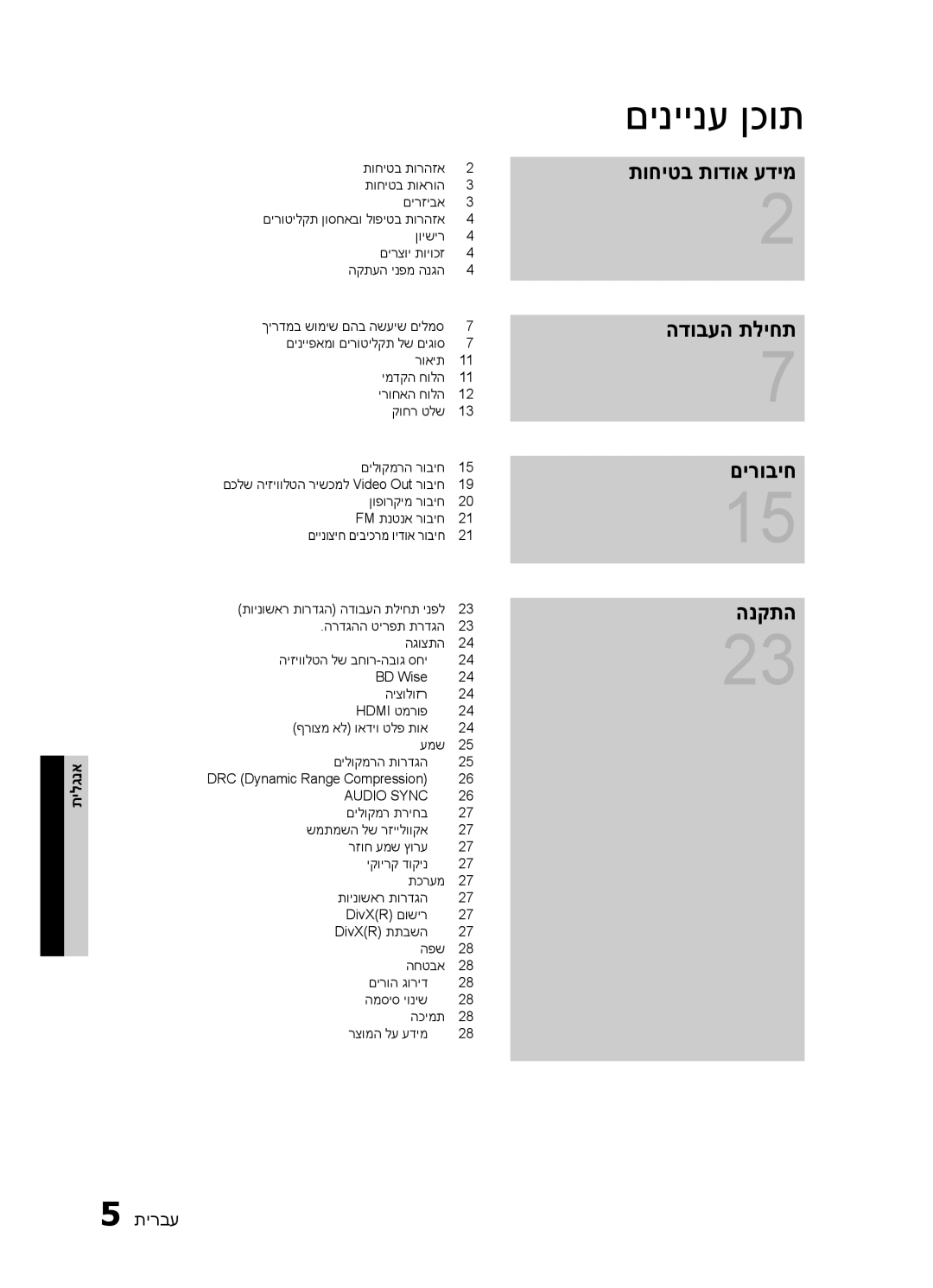 Samsung HT-E453HK/SQ, HT-E450K/SQ manual םיניינע ןכות, תוחיטב תודוא עדימ הדובעה תליחת םירוביח הנקתה, תילגנא 