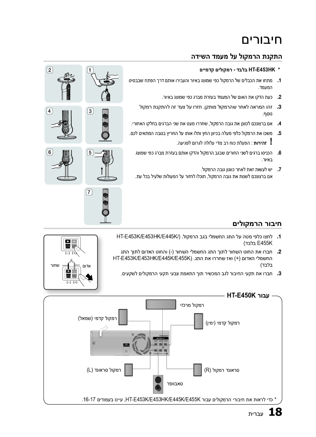 Samsung HT-E453HK/SQ manual הדישה דמעמ לע לוקמרה תנקתה, םילוקמרה רוביח, HT-E450K רובע, םיימדק םילוקמר דבלב HT-E453HK 