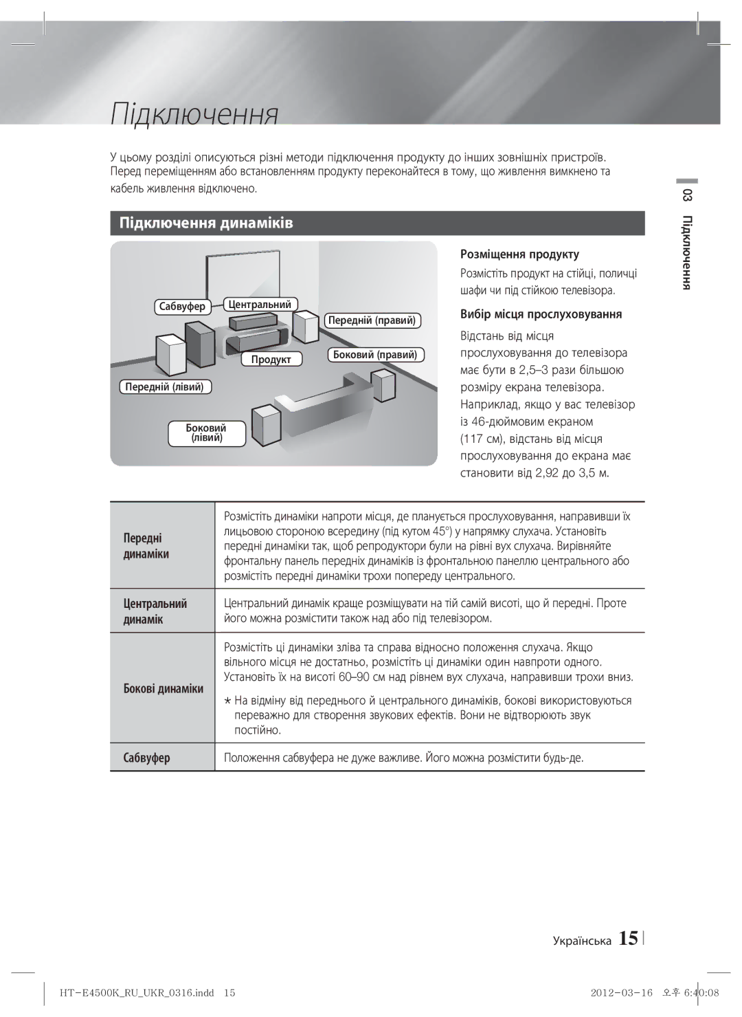 Samsung HT-E4550K/RU manual Підключення динаміків 