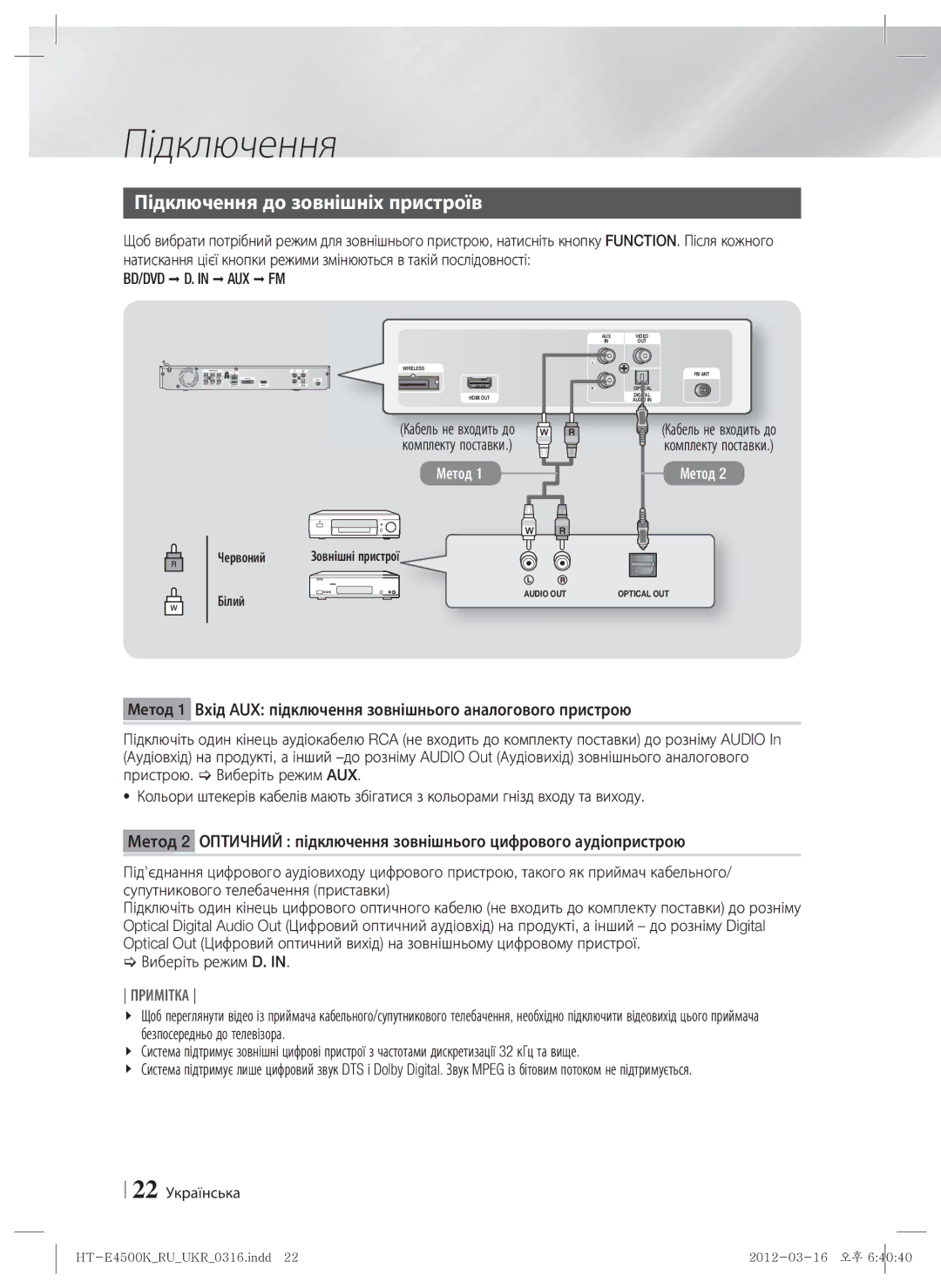 Samsung HT-E4550K/RU manual Підключення до зовнішніх пристроїв, 22 Українська, Червоний Зовнішні пристрої Білий 