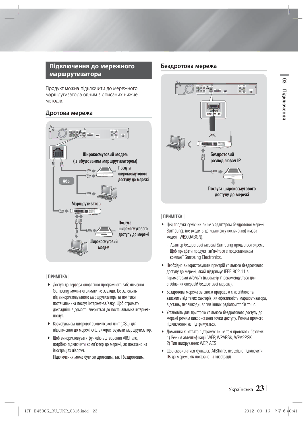 Samsung HT-E4550K/RU manual Підключення до мережного, Маршрутизатора, Дротова мережа 