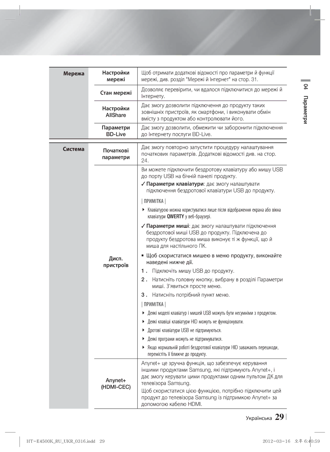 Samsung HT-E4550K/RU manual Мережа 