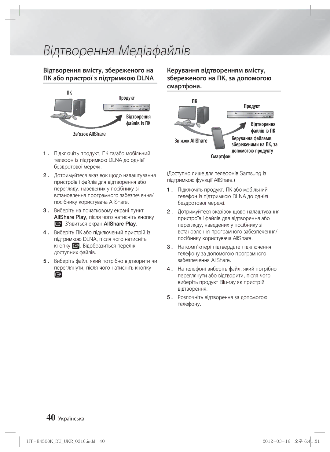 Samsung HT-E4550K/RU manual Продукт, Розпочніть відтворення за допомогою телефону, 40 Українська, Зв’язок AllShare 