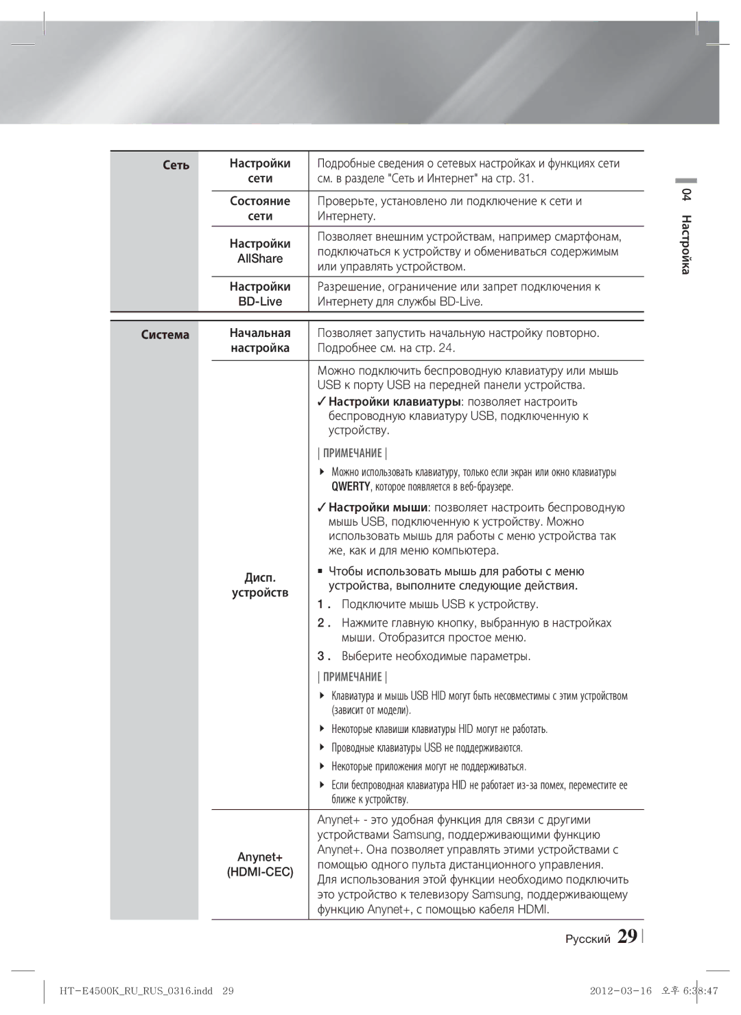 Samsung HT-E4550K/RU manual Сеть, Система, Hdmi-Cec 