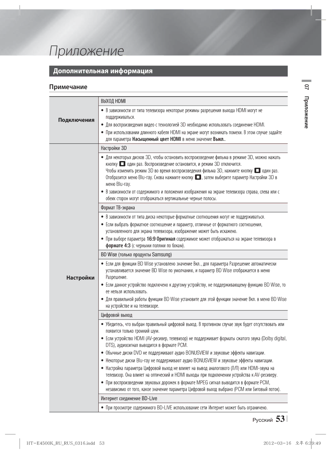 Samsung HT-E4550K/RU manual Приложение, Дополнительная информация Примечание, Подключения, Выход Hdmi, Настройки 