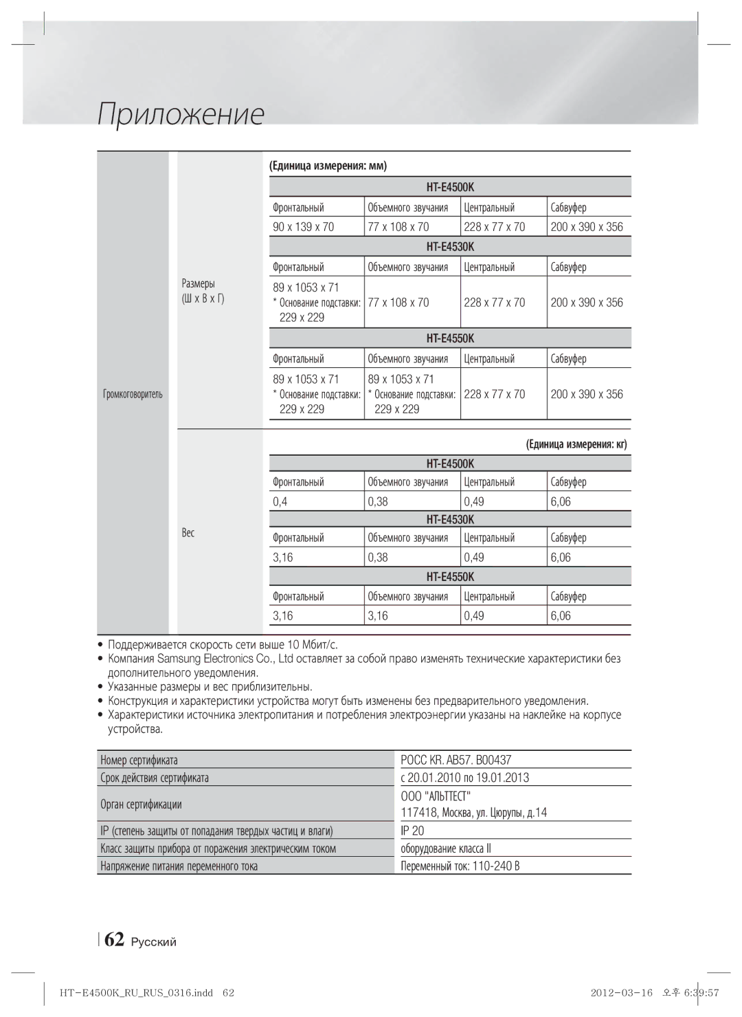 Samsung HT-E4550K/RU manual OOO Альттест 