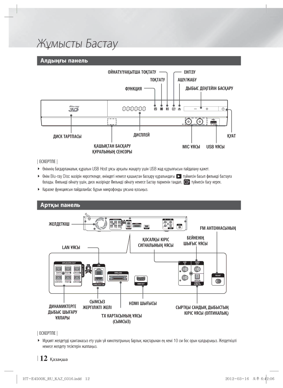 Samsung HT-E4550K/RU manual Алдыңғы панель, Артқы панель, ОЙНАТУ/УАҚЫТША Тоқтату Енгізу АШУ/ЖАБУ Функция, MIC Ұясы USB Ұясы 