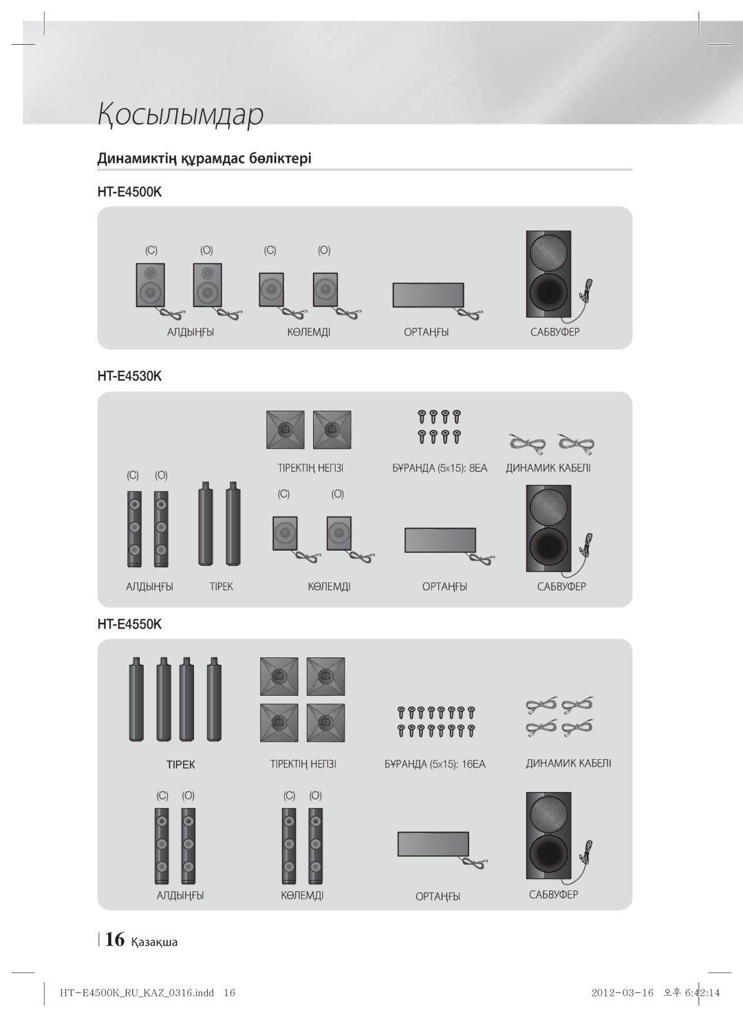 Samsung HT-E4550K/RU manual Динамиктің құрамдас бөліктері, 16 Қазақша, Бұранда 5 X15 16EA 