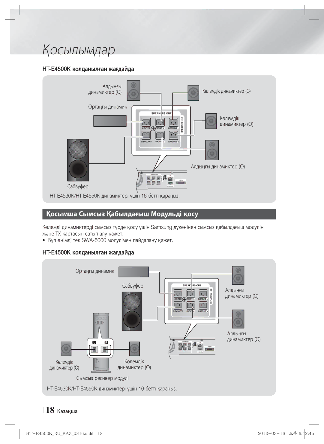 Samsung HT-E4550K/RU manual Қосымша Сымсыз Қабылдағыш Модульді қосу, HT-E4500K қолданылған жағдайда 