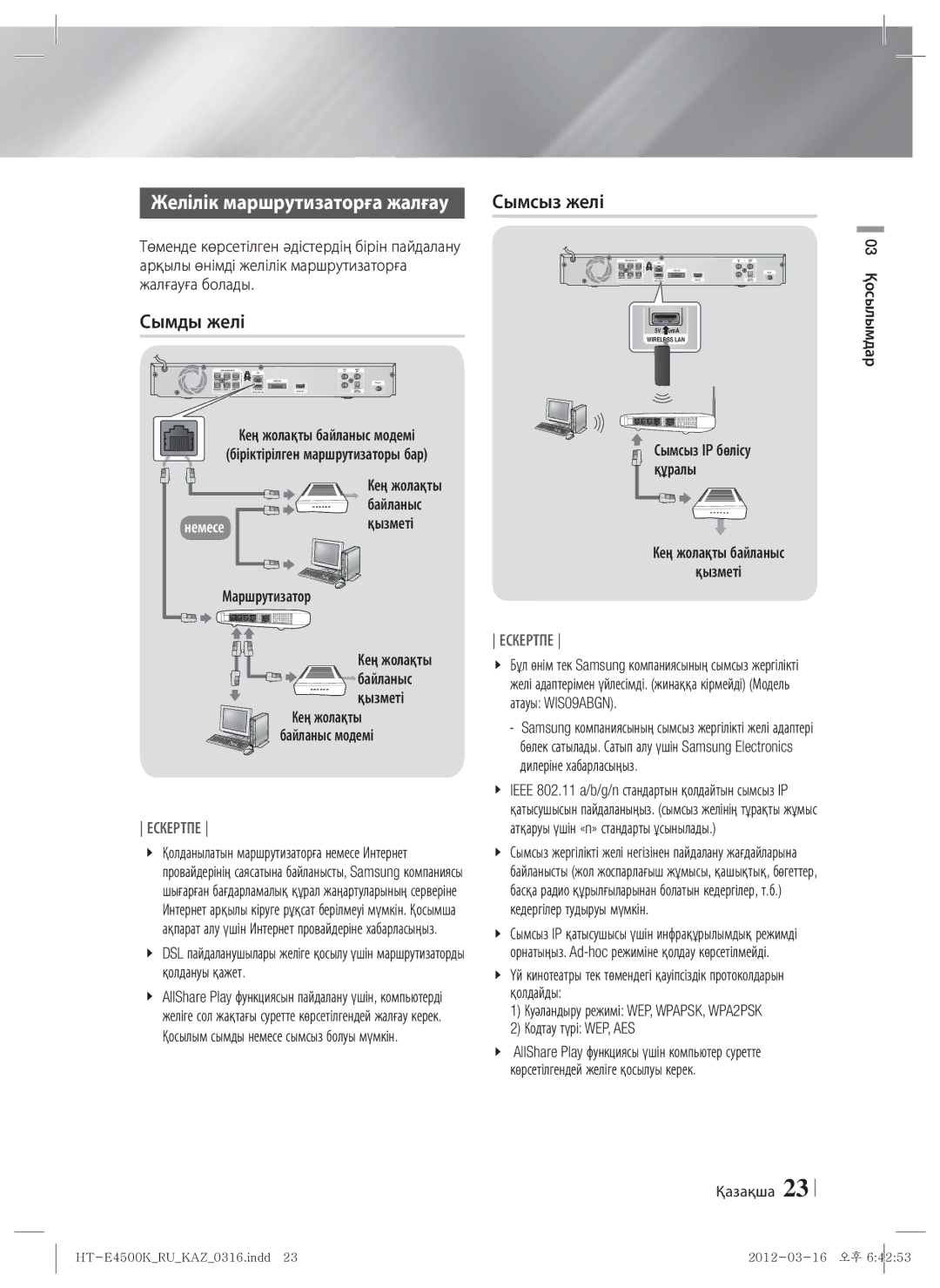 Samsung HT-E4550K/RU manual Сымды желі, Байланыс, Кең жолақты байланыс Қызметі, Кодтау түрі WEP, AES 