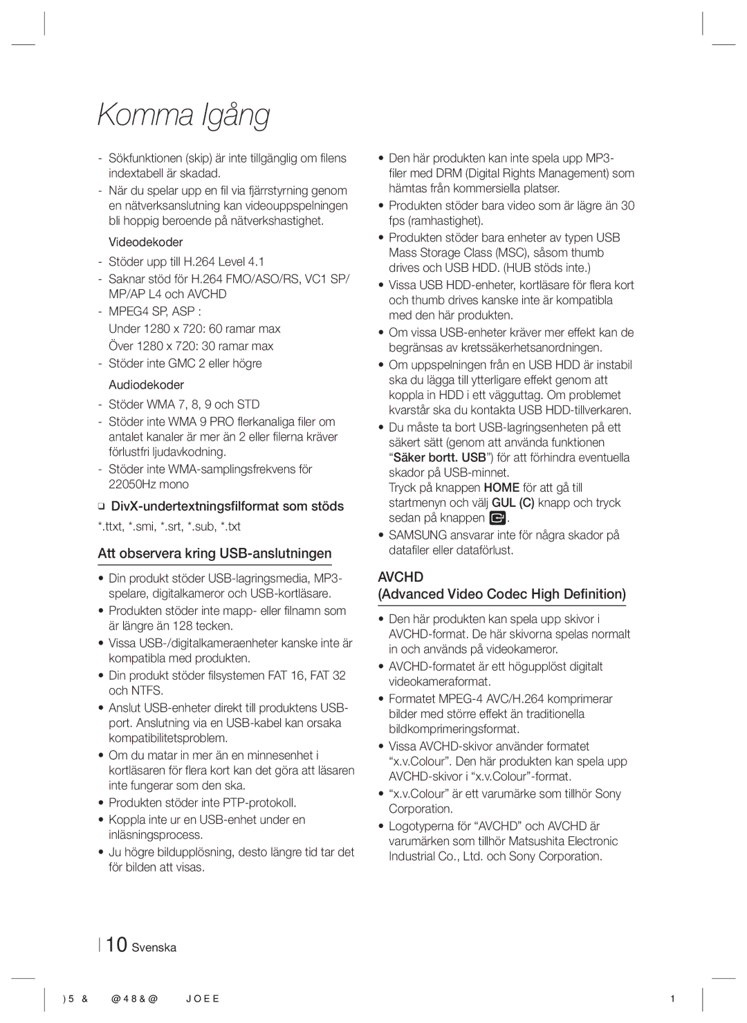 Samsung HT-E4550/XE manual Att observera kring USB-anslutningen, Advanced Video Codec High Definition, MPEG4 SP, ASP 