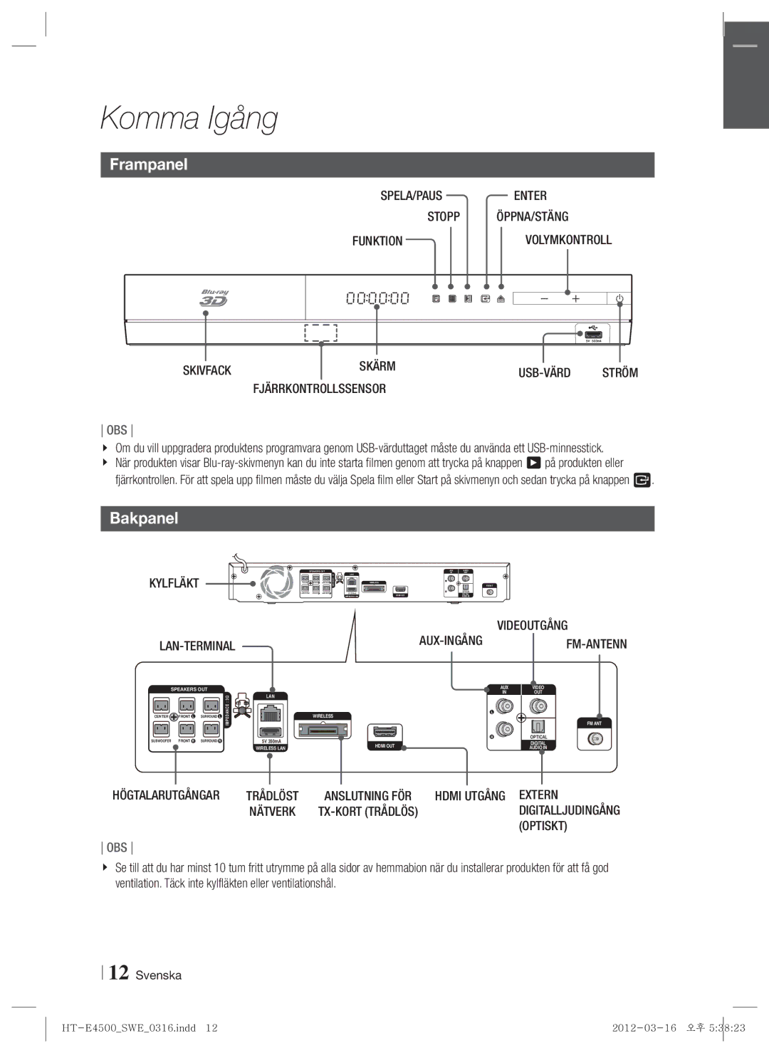 Samsung HT-E4550/XE manual Frampanel, Bakpanel 