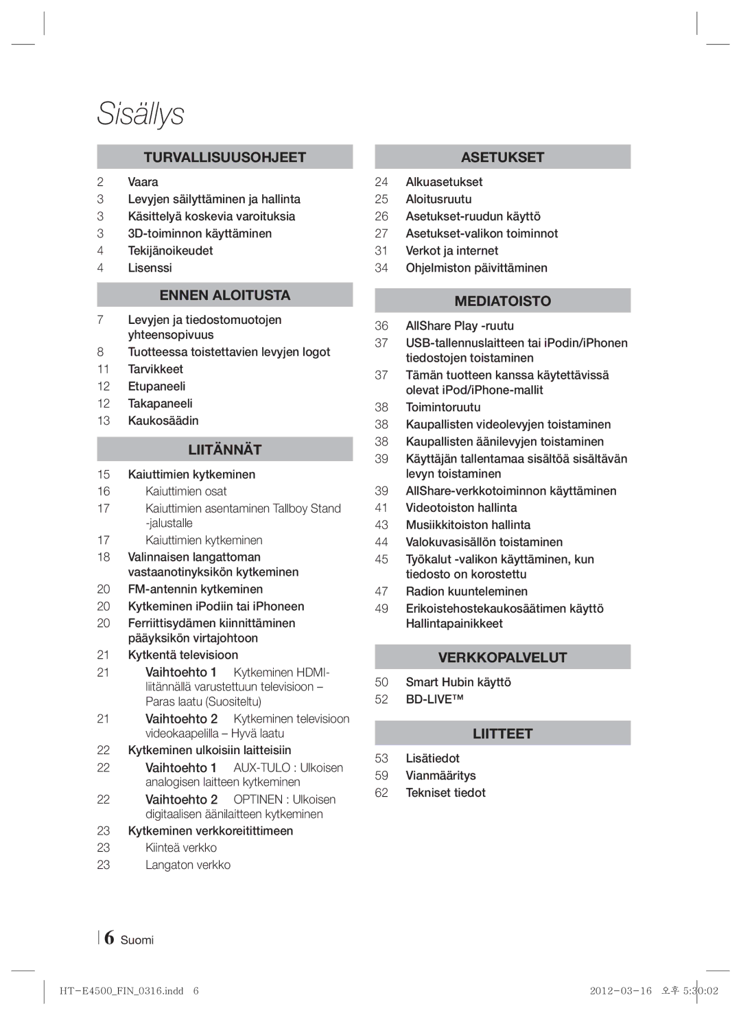 Samsung HT-E4550/XE manual Sisällys, Smart Hubin käyttö, 53 Lisätiedot Vianmääritys Tekniset tiedot 