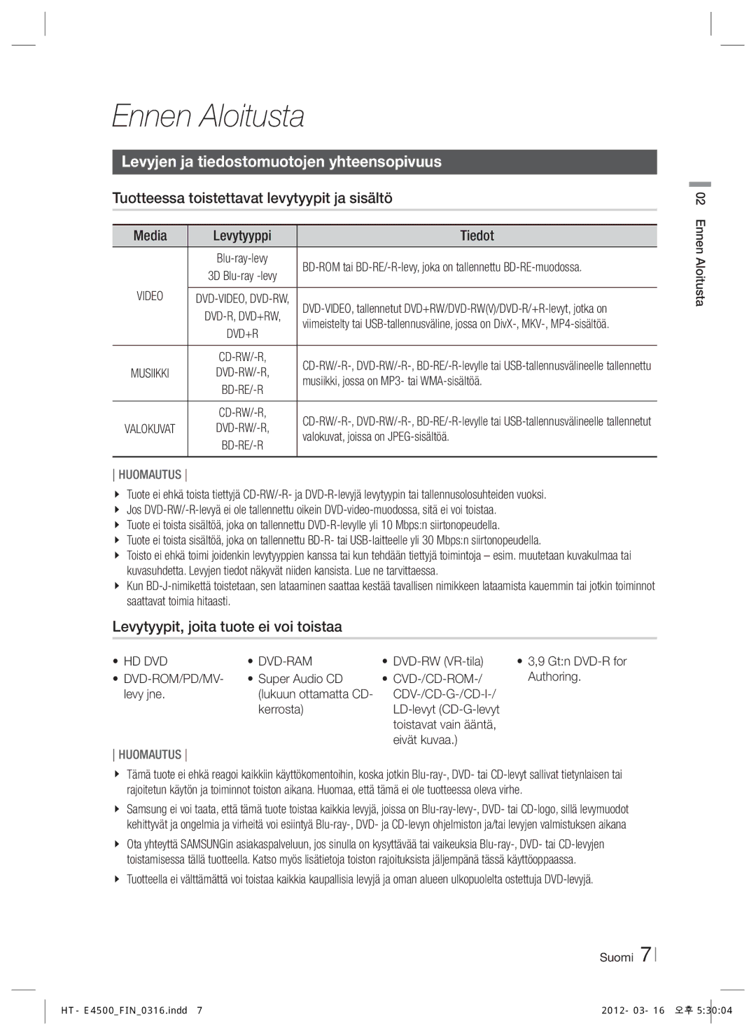 Samsung HT-E4550/XE Ennen Aloitusta, Levyjen ja tiedostomuotojen yhteensopivuus, Levytyypit, joita tuote ei voi toistaa 