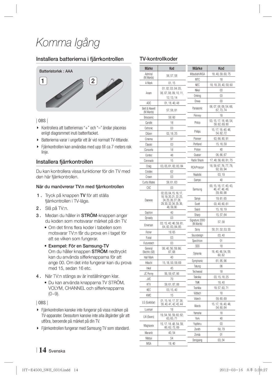 Samsung HT-E4550/XE Installera batterierna i fjärrkontrollen, Installera fjärrkontrollen, TV-kontrollkoder, Märke Kod 