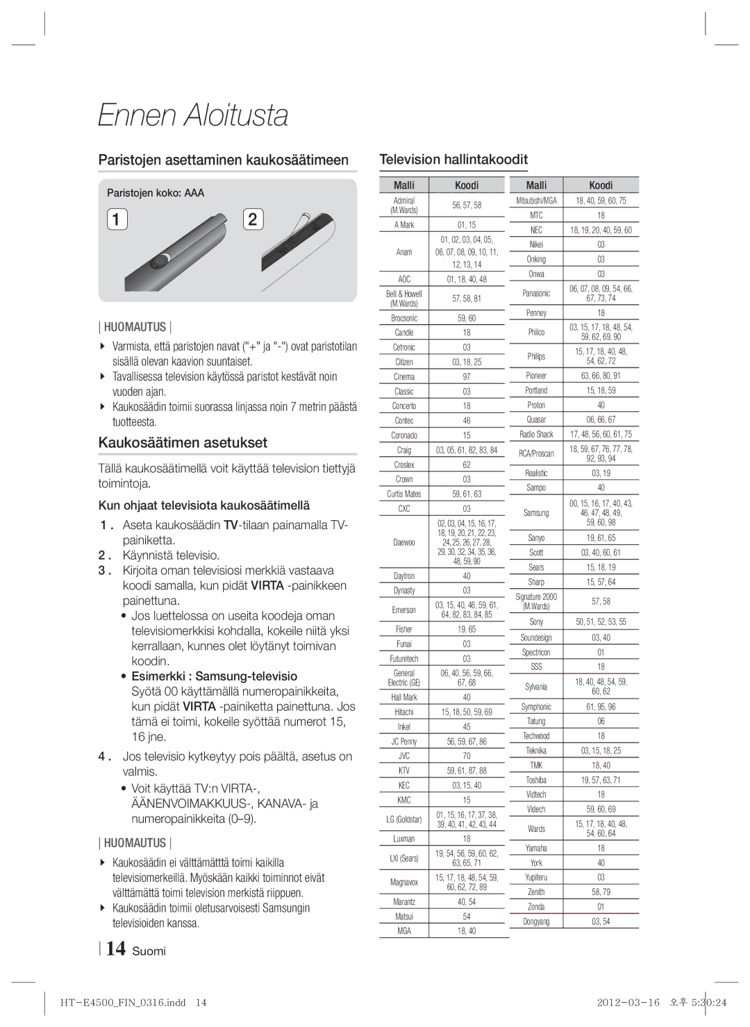 Samsung HT-E4550/XE Paristojen asettaminen kaukosäätimeen, Kaukosäätimen asetukset, Television hallintakoodit, Malli Koodi 