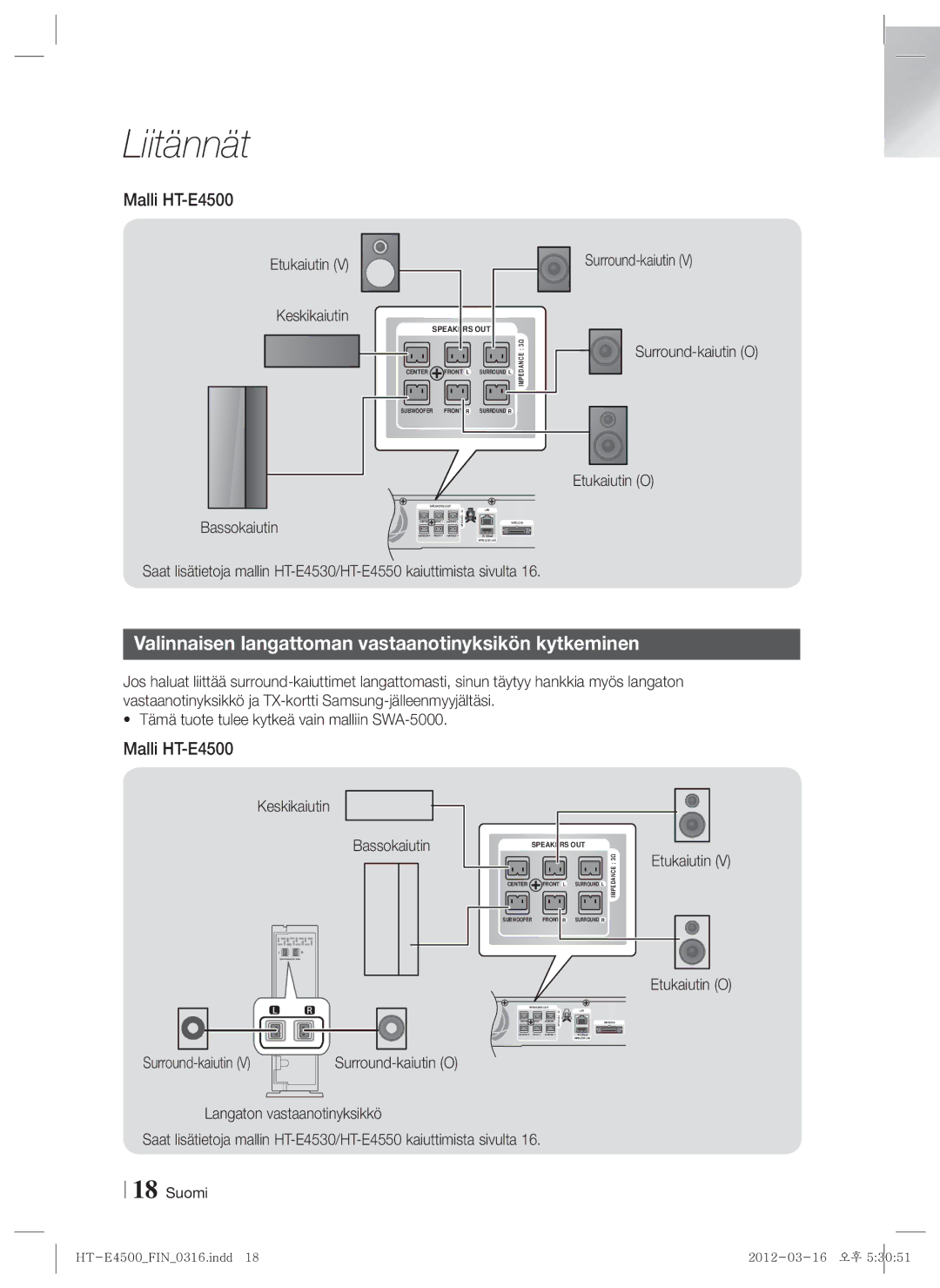 Samsung HT-E4550/XE manual Valinnaisen langattoman vastaanotinyksikön kytkeminen, Malli HT-E4500, Bassokaiutin 