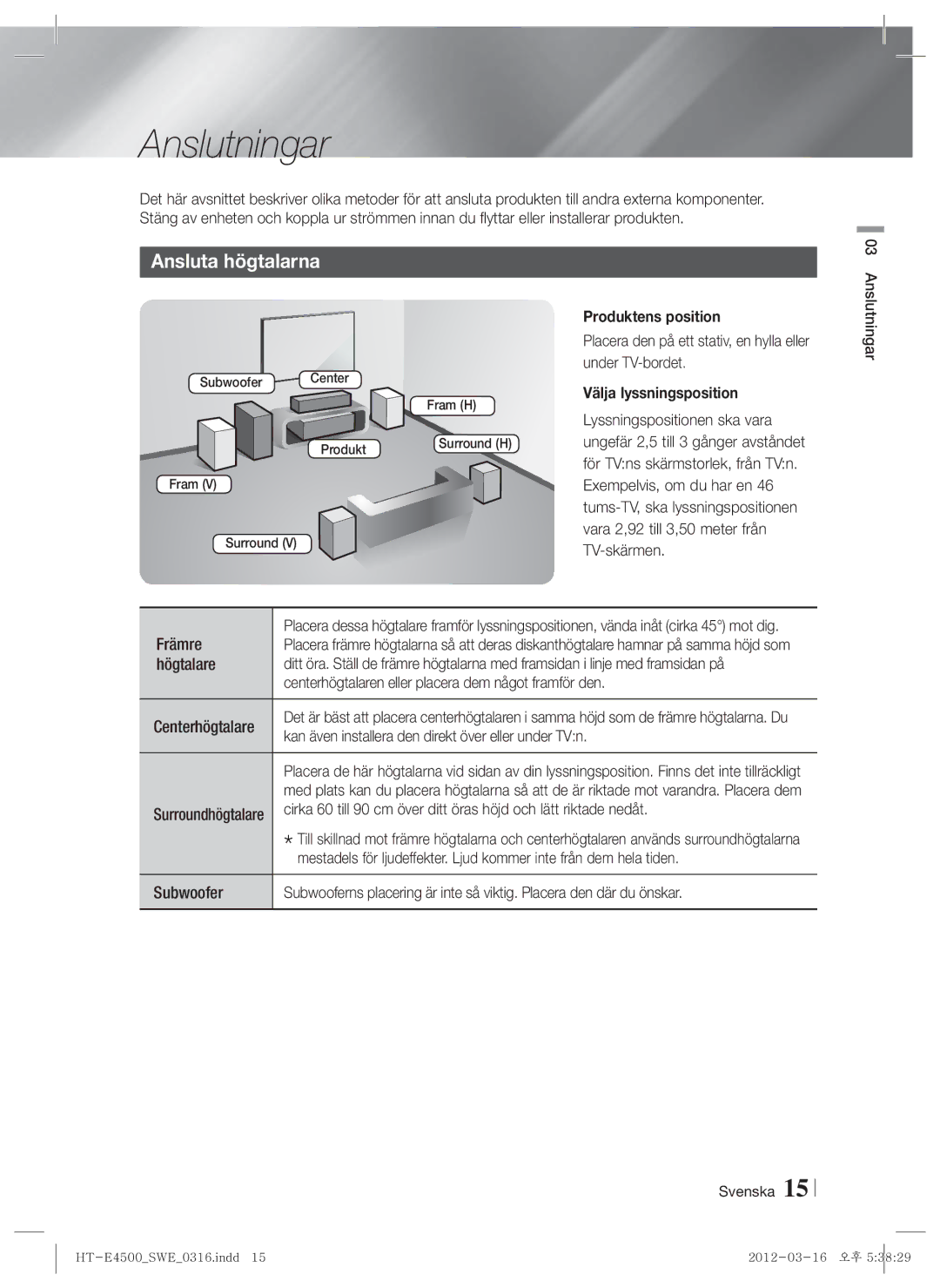 Samsung HT-E4550/XE manual Anslutningar, Ansluta högtalarna, Produktens position, Välja lyssningsposition 