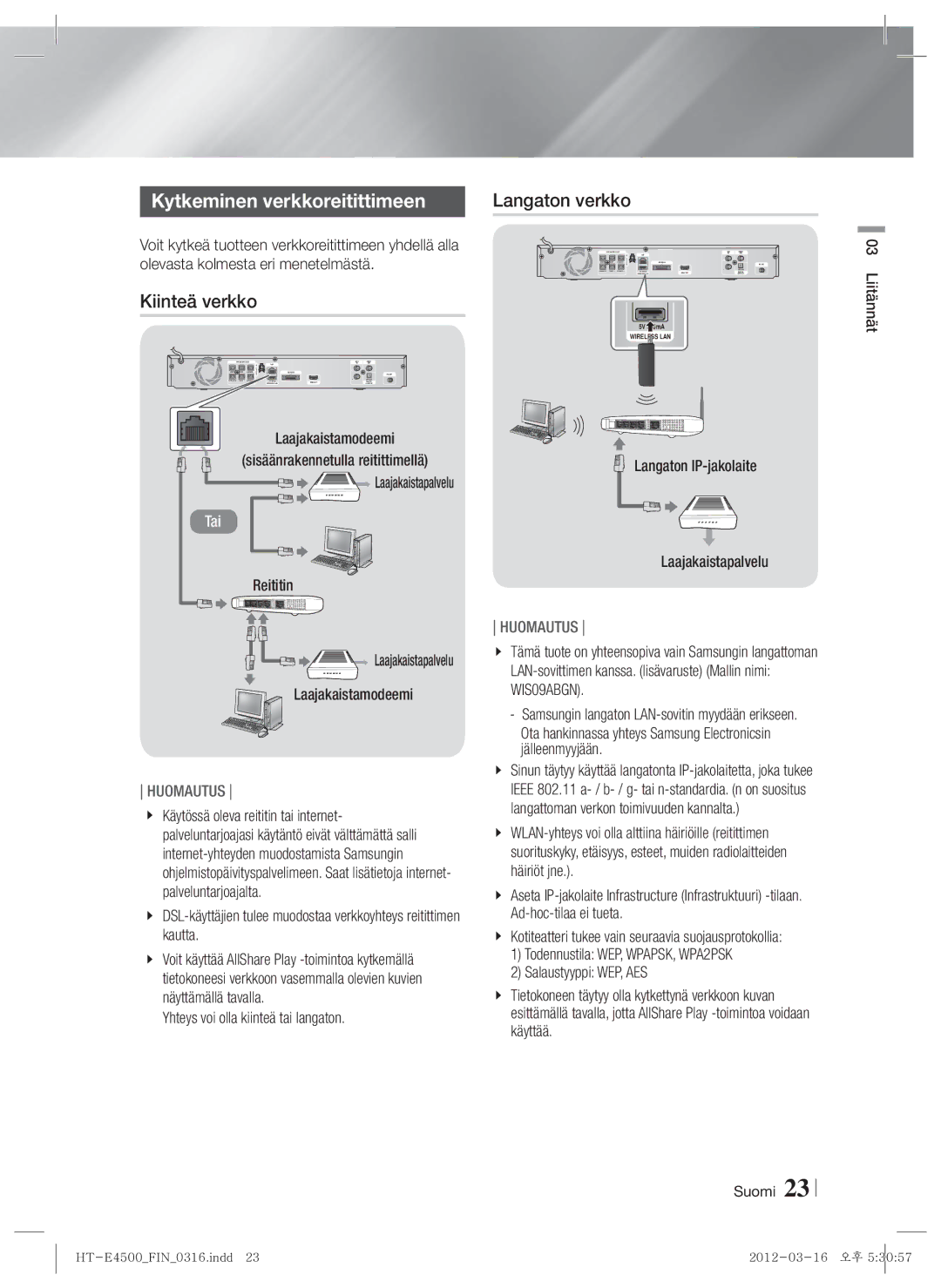 Samsung HT-E4550/XE manual Kytkeminen verkkoreitittimeen, Kiinteä verkko 