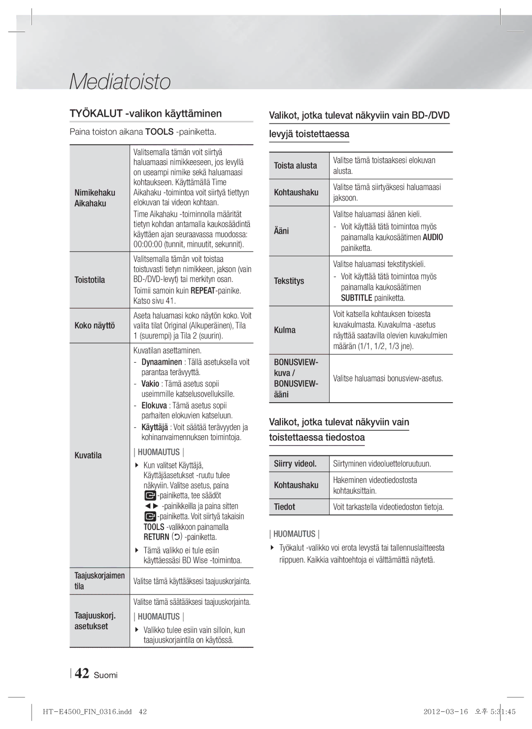 Samsung HT-E4550/XE manual Työkalut -valikon käyttäminen 